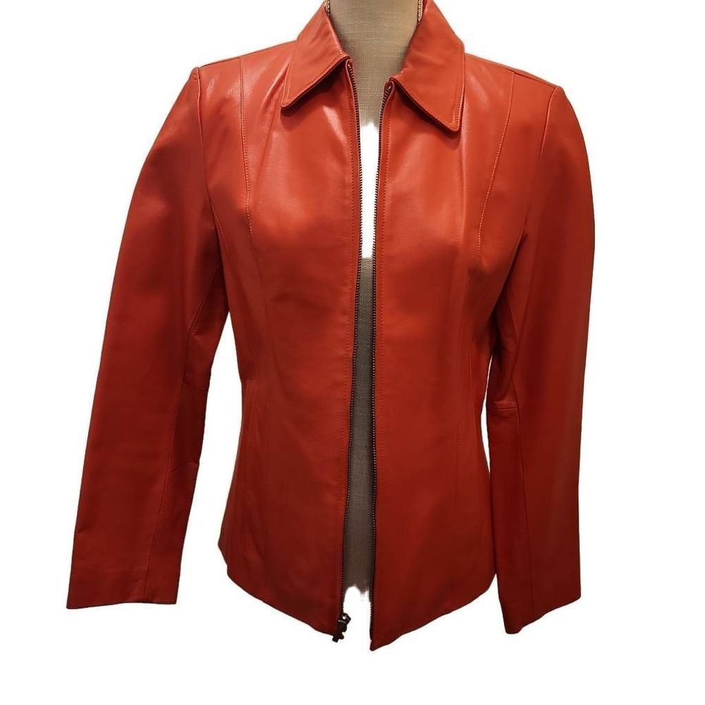 Colebrook Classics Women's Orange Long Sleeve Full Zip Leather Jacket Size Small